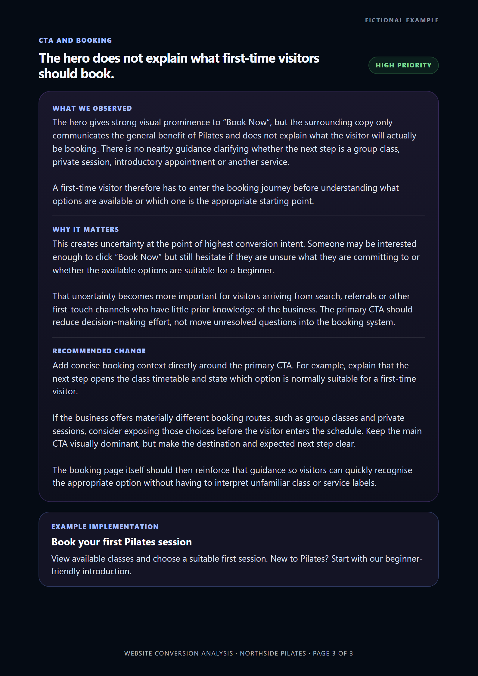 Sample Website Conversion Analysis detailed finding page